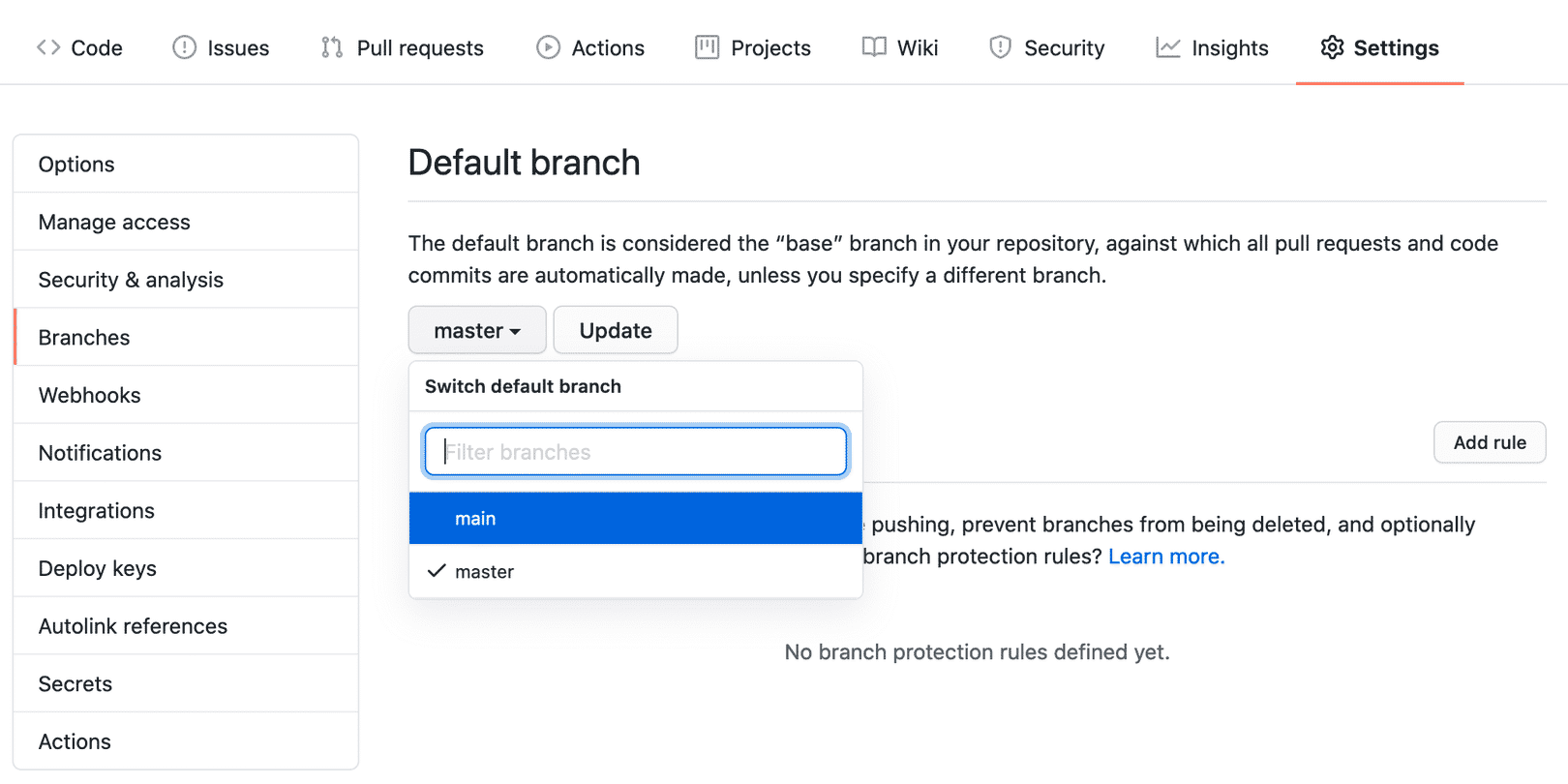 Changing the default branch of a GitHub repository