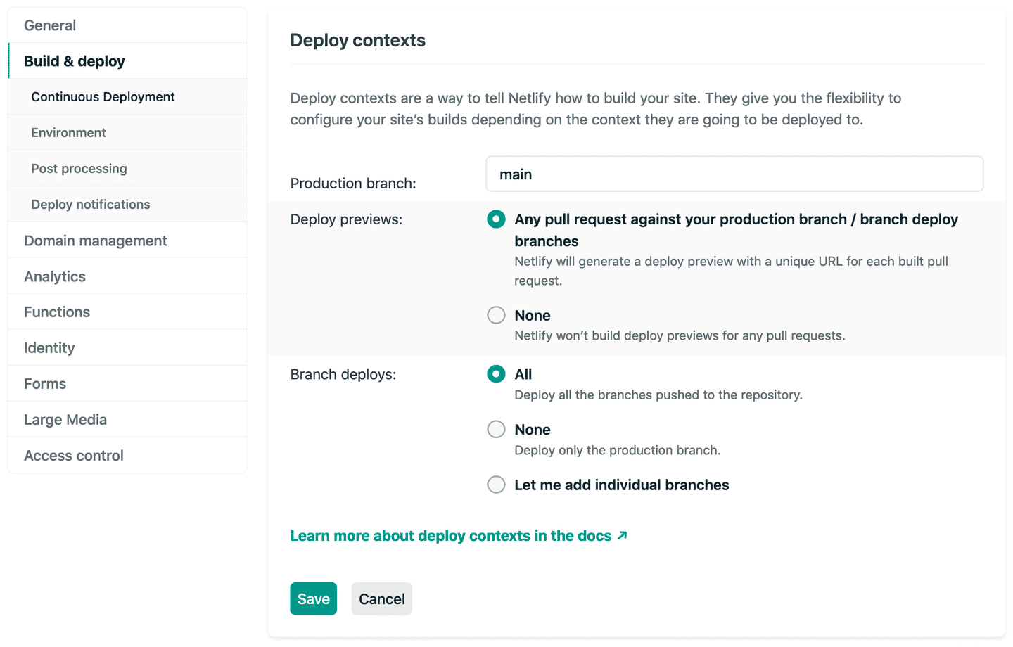 Netlify auto-deployment branch setting