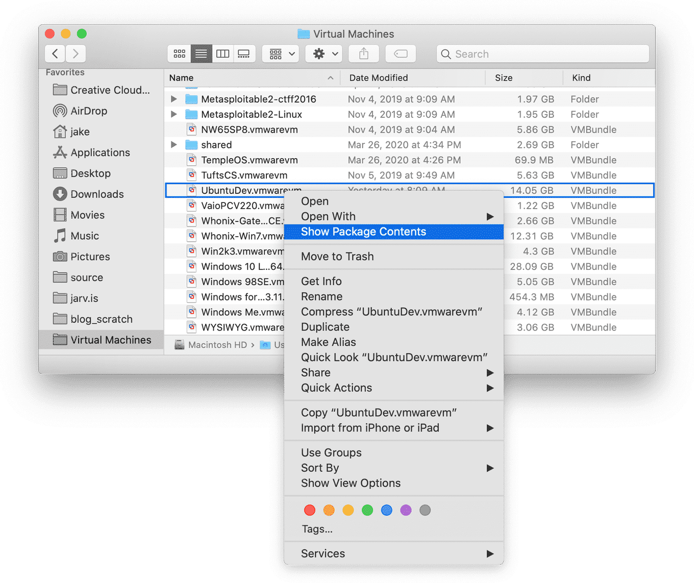 Finding .vmwarevm in Finder